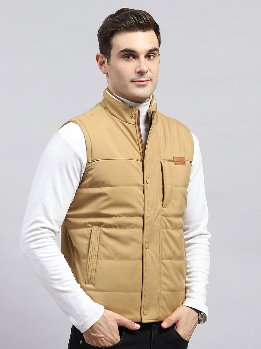 Men Khaki Solid Mock Neck Sleeveless Jacket