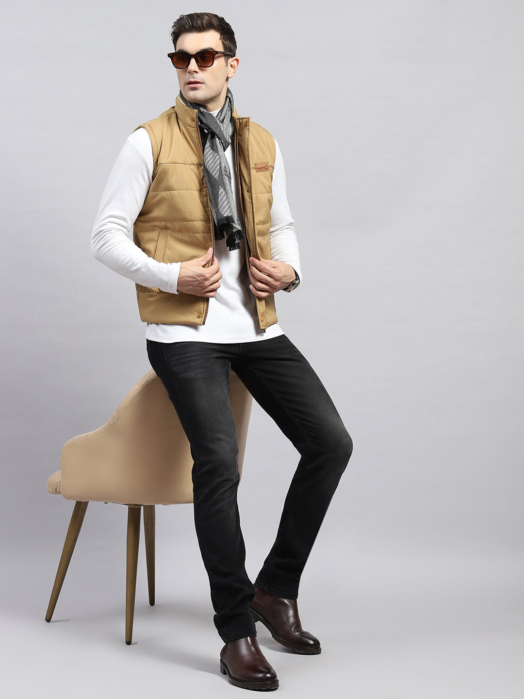 Men Khaki Solid Mock Neck Sleeveless Jacket