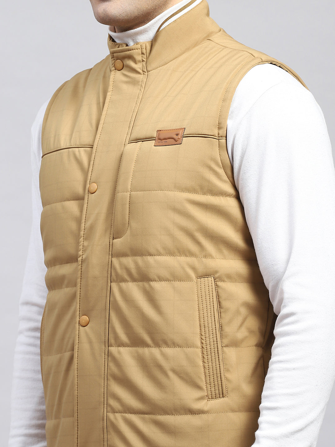 Men Khaki Solid Mock Neck Sleeveless Jacket