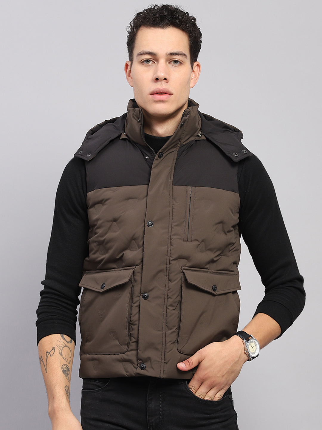 Men Olive Solid Detachable Hood Sleeveless Jacket