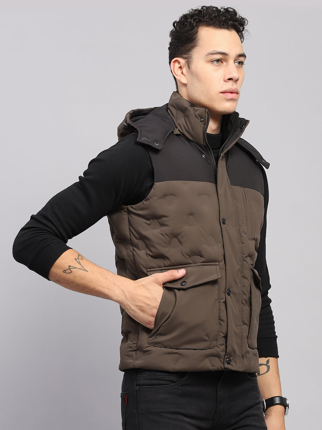 Men Olive Solid Detachable Hood Sleeveless Jacket