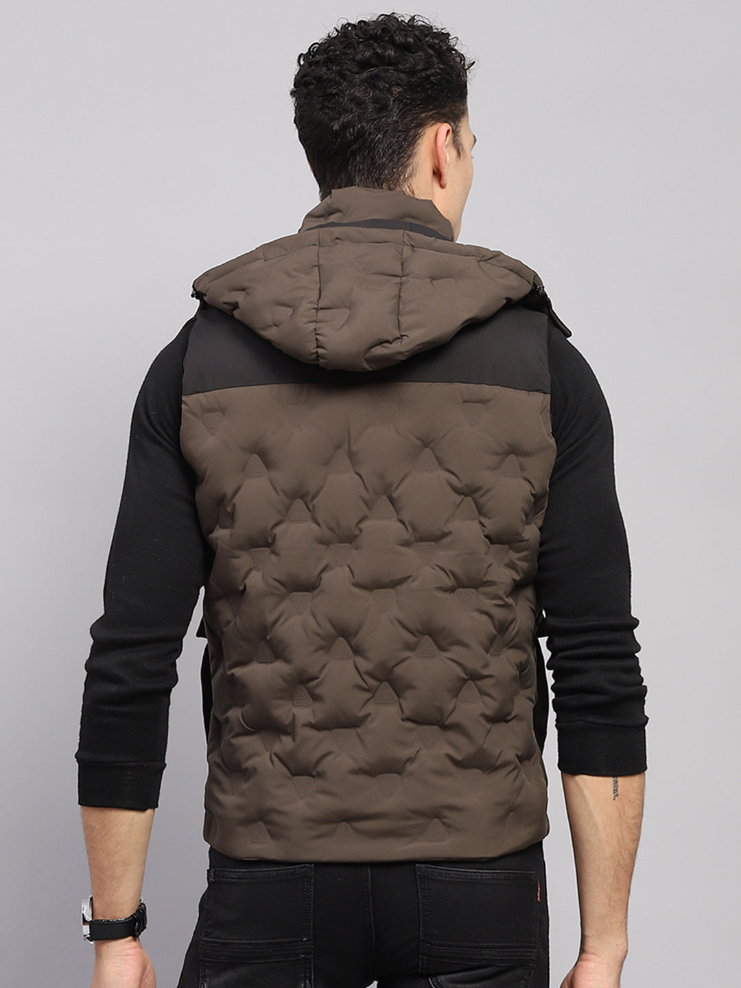 Men Olive Solid Detachable Hood Sleeveless Jacket