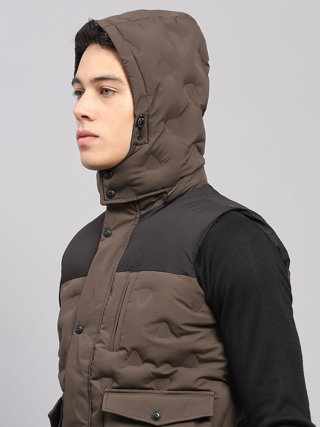 Men Olive Solid Detachable Hood Sleeveless Jacket