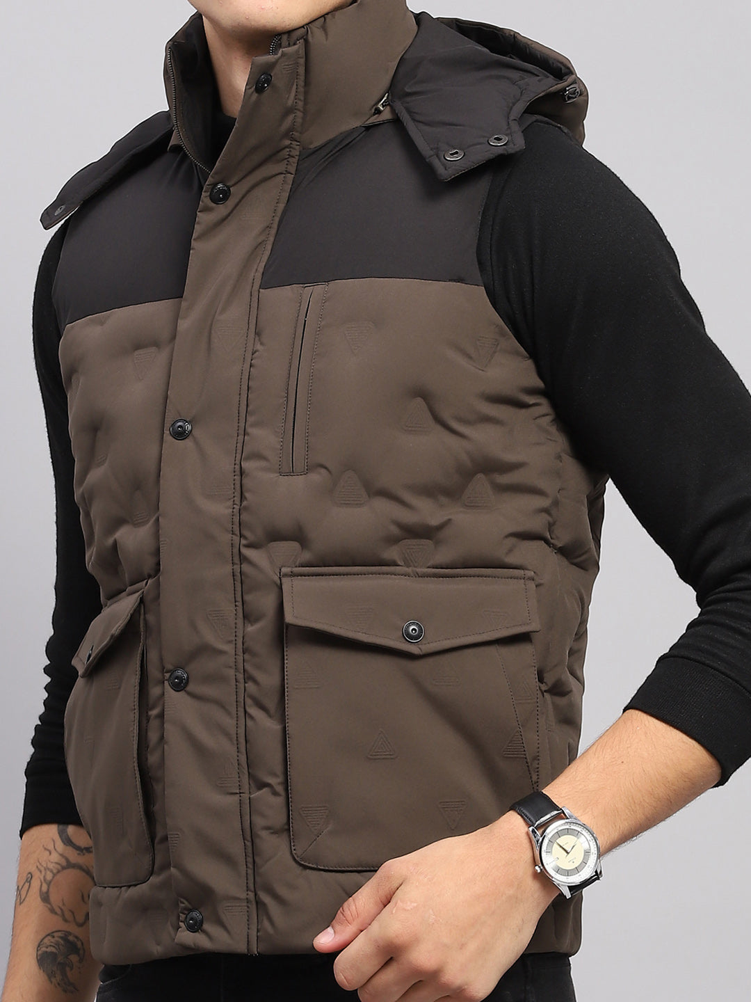 Men Olive Solid Detachable Hood Sleeveless Jacket