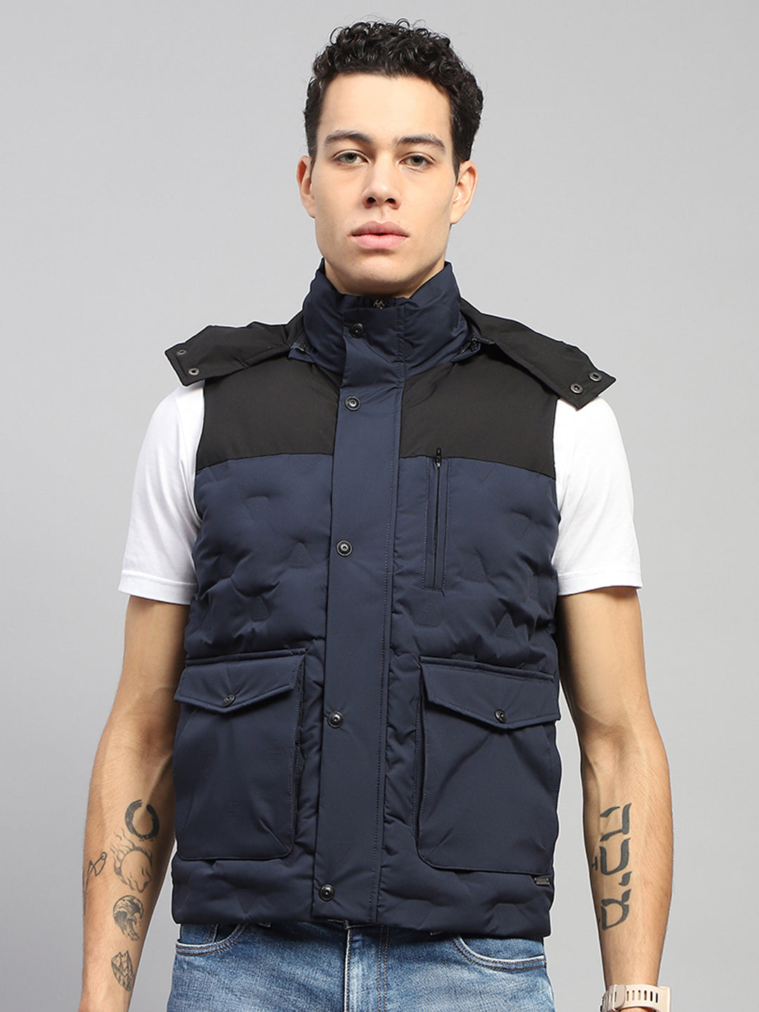 Men Navy Blue Solid Hooded Sleeveless Jacket