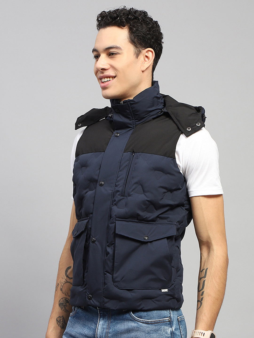 Men Navy Blue Solid Hooded Sleeveless Jacket