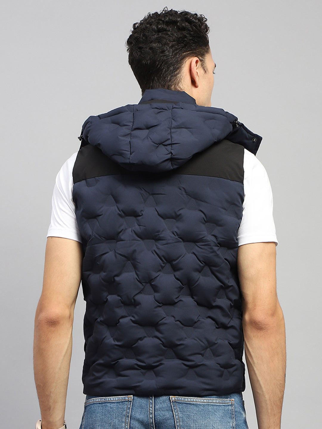 Men Navy Blue Solid Hooded Sleeveless Jacket