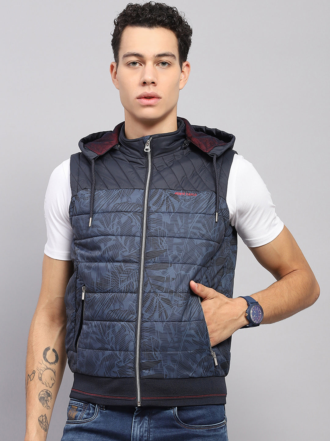 Men Blue Solid Hooded Sleeveless Jacket