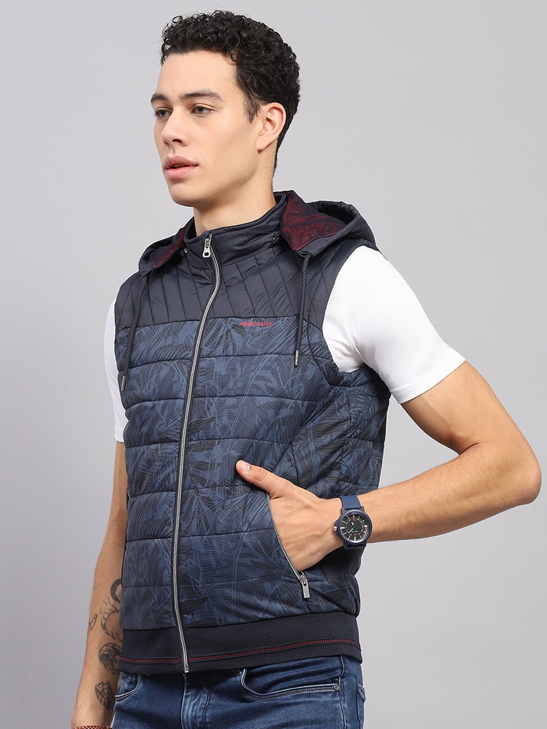 Men Blue Solid Hooded Sleeveless Jacket