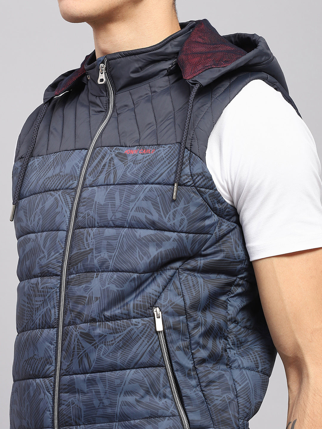 Men Blue Solid Hooded Sleeveless Jacket