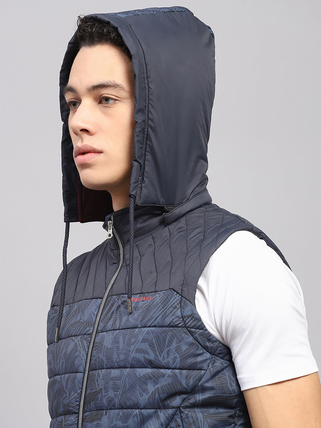 Men Blue Solid Hooded Sleeveless Jacket