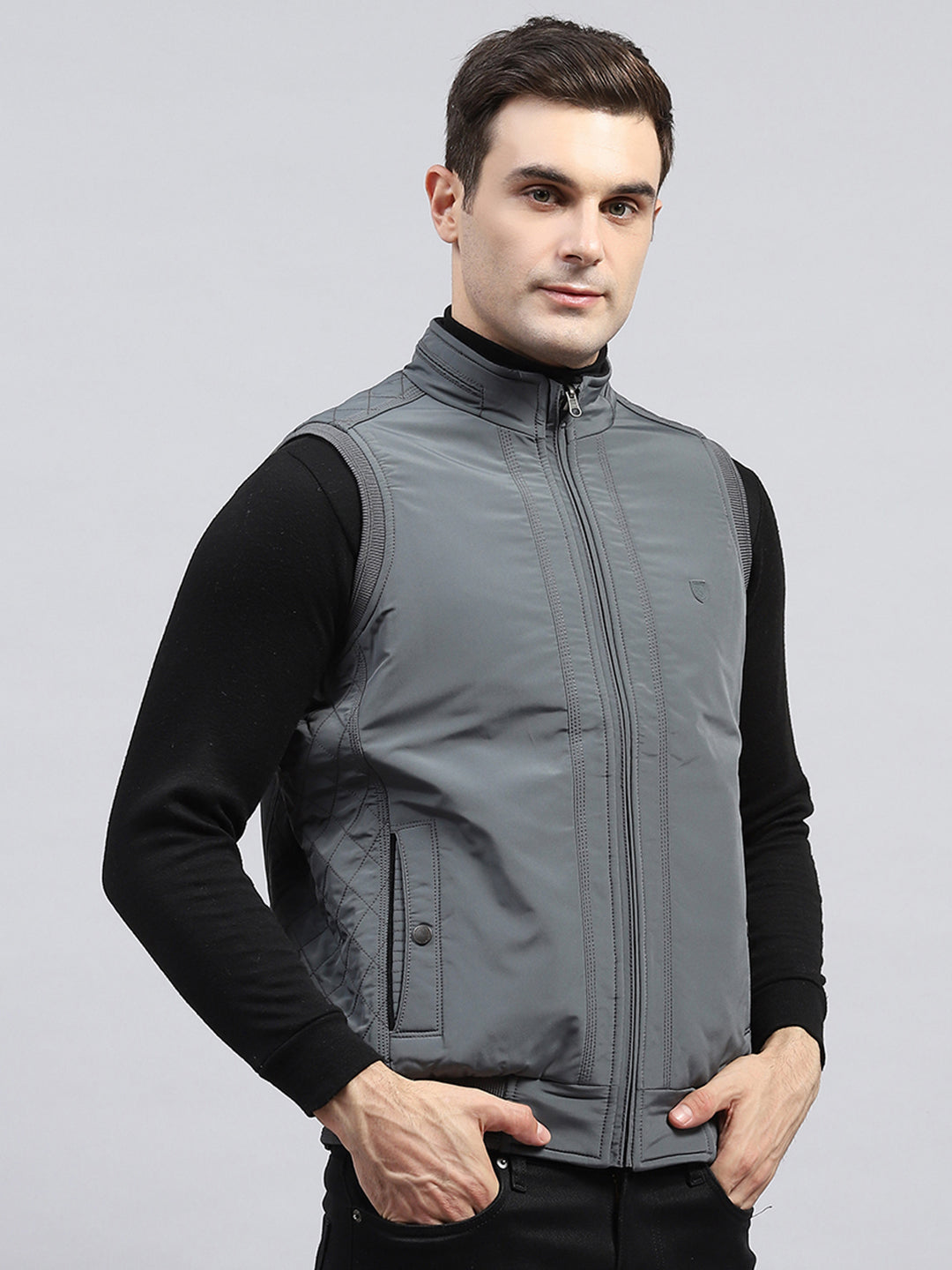 Men Grey Solid Mock Neck Sleeveless Reversible Jacket