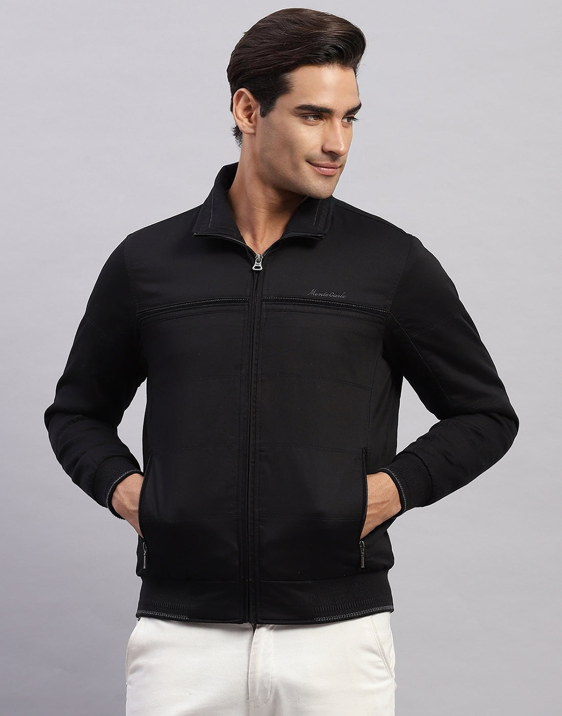 Men Black Solid Collar Full Sleeve Jacket