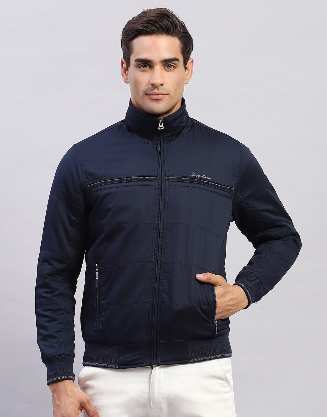 Men Navy Blue Solid Collar Full Sleeve Jacket