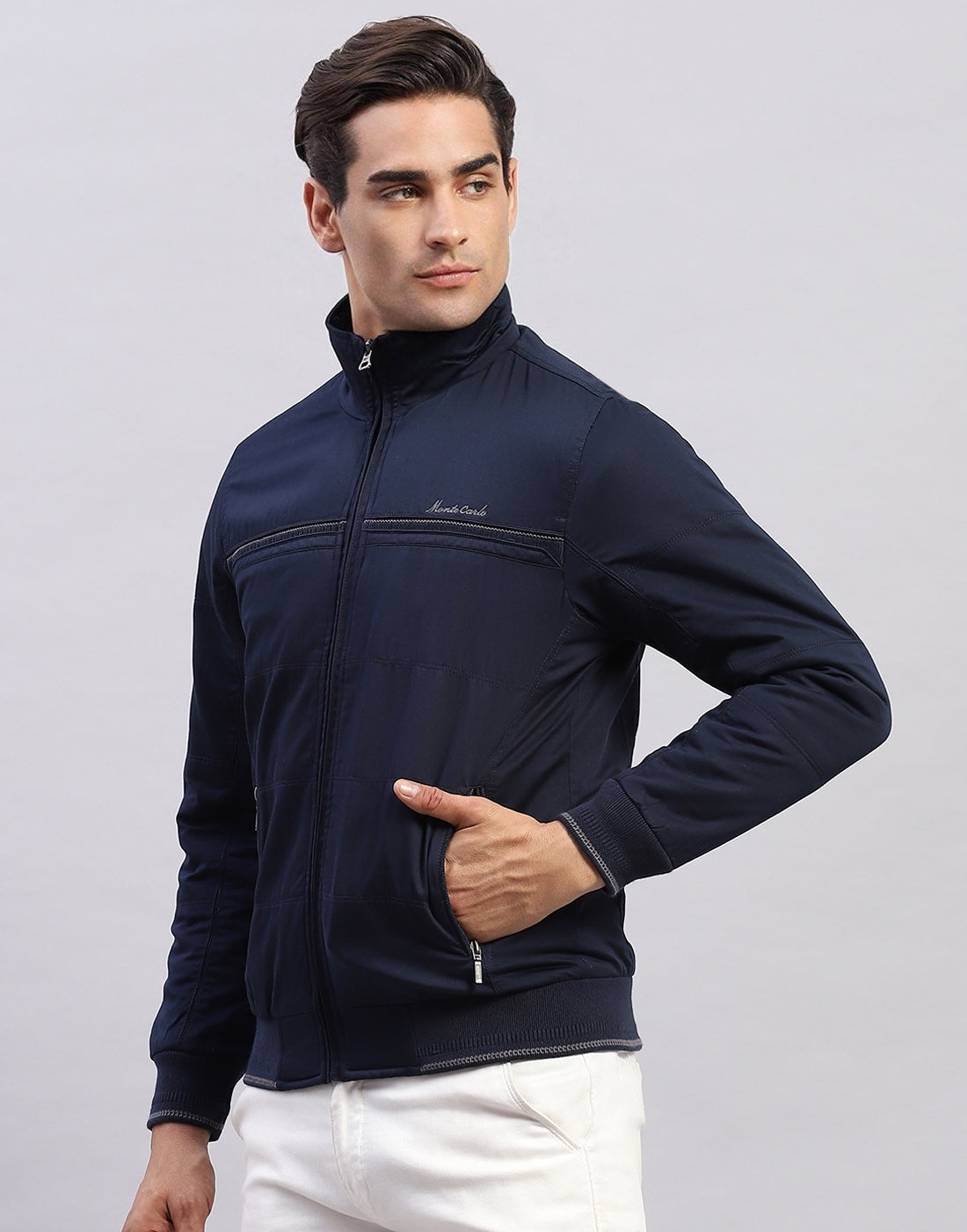 Men Navy Blue Solid Collar Full Sleeve Jacket