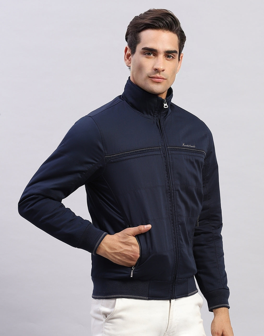 Men Navy Blue Solid Collar Full Sleeve Jacket