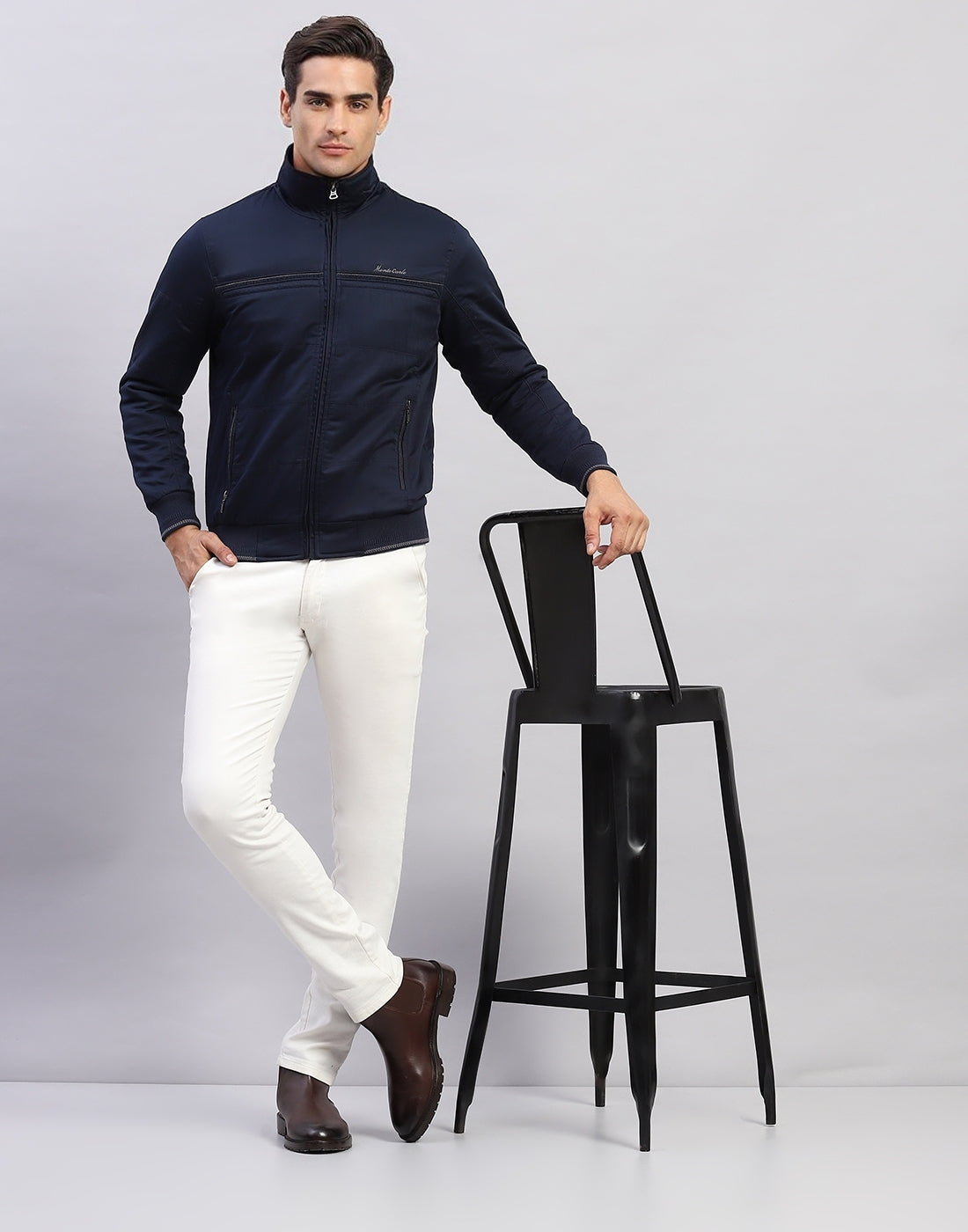 Men Navy Blue Solid Collar Full Sleeve Jacket