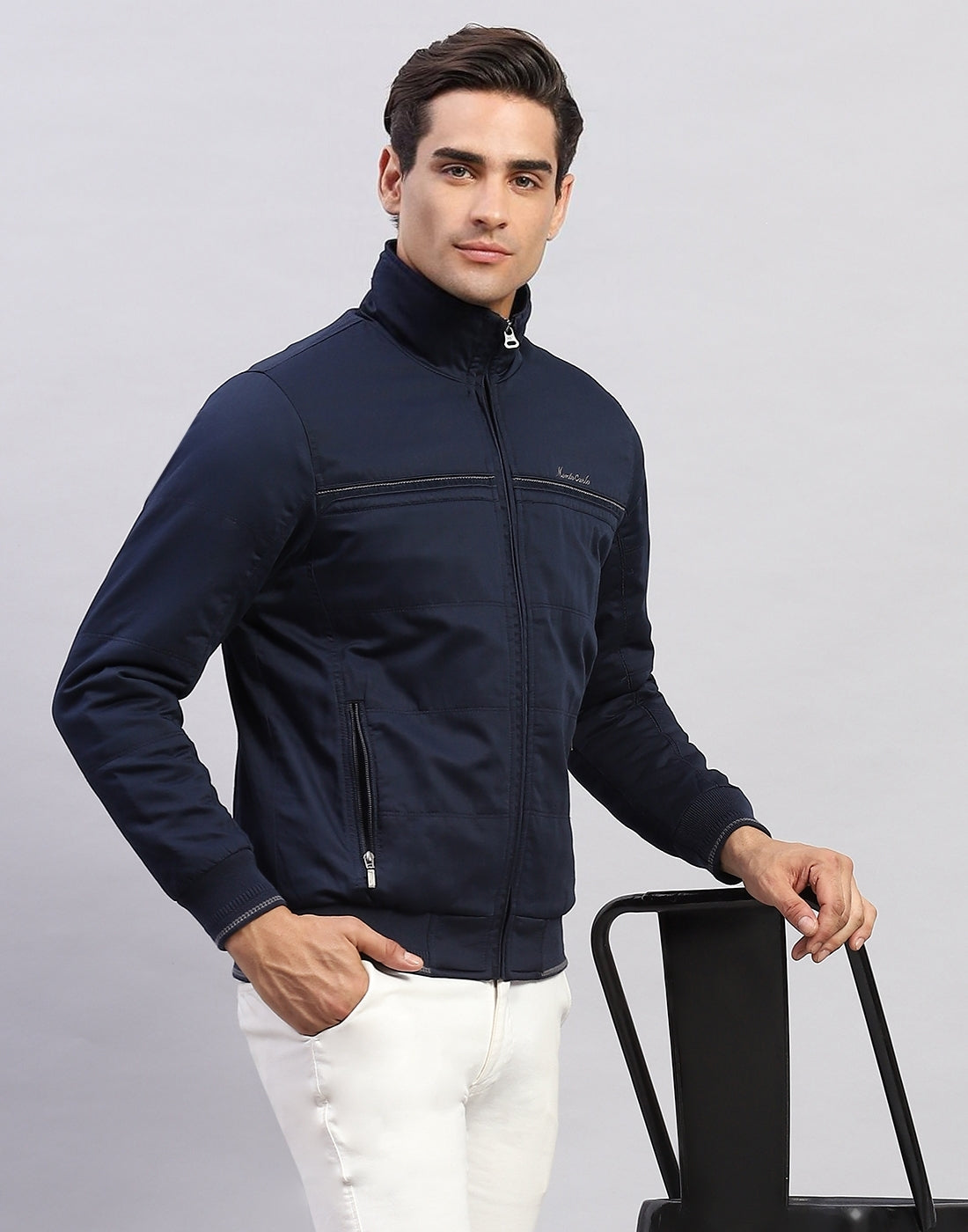 Men Navy Blue Solid Collar Full Sleeve Jacket