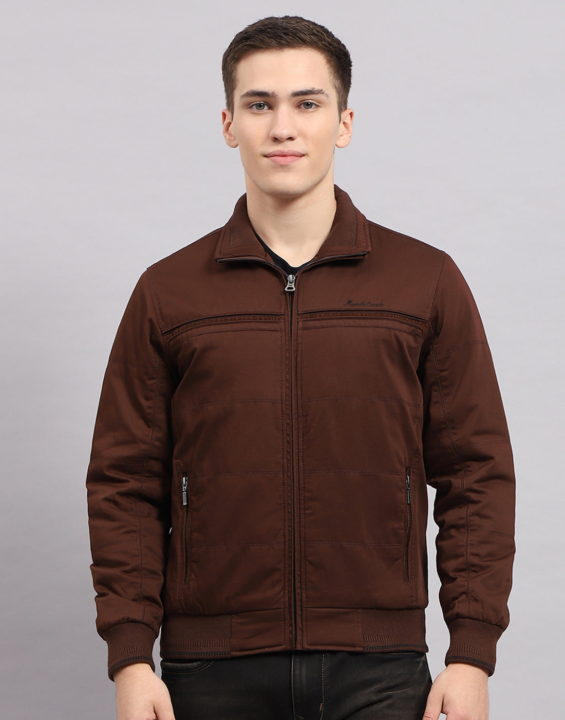 Men Brown Solid Mock Neck Sleeveless Jacket