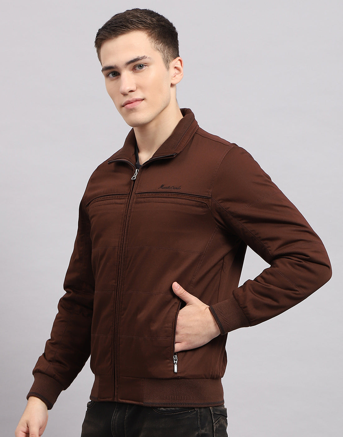 Men Brown Solid Mock Neck Sleeveless Jacket