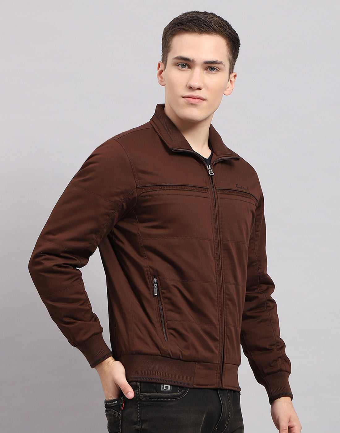 Men Brown Solid Mock Neck Sleeveless Jacket