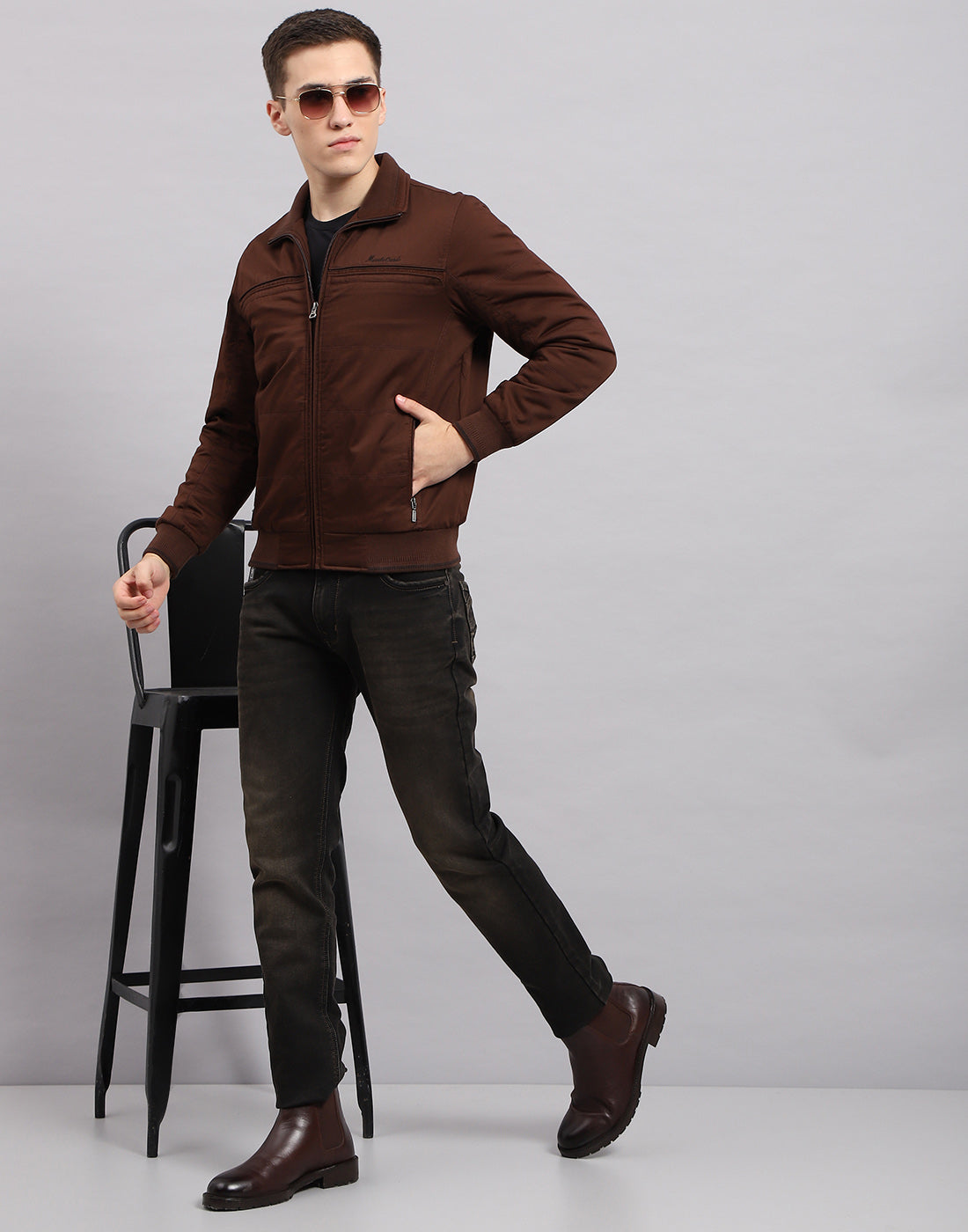 Men Brown Solid Mock Neck Sleeveless Jacket