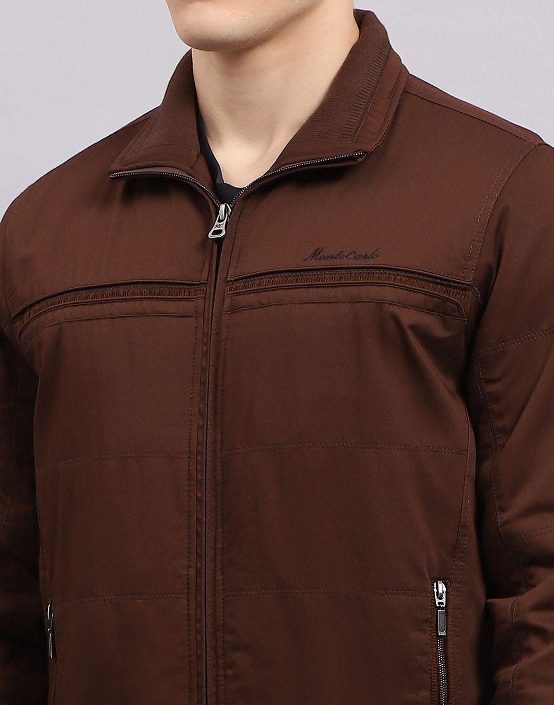 Men Brown Solid Mock Neck Sleeveless Jacket