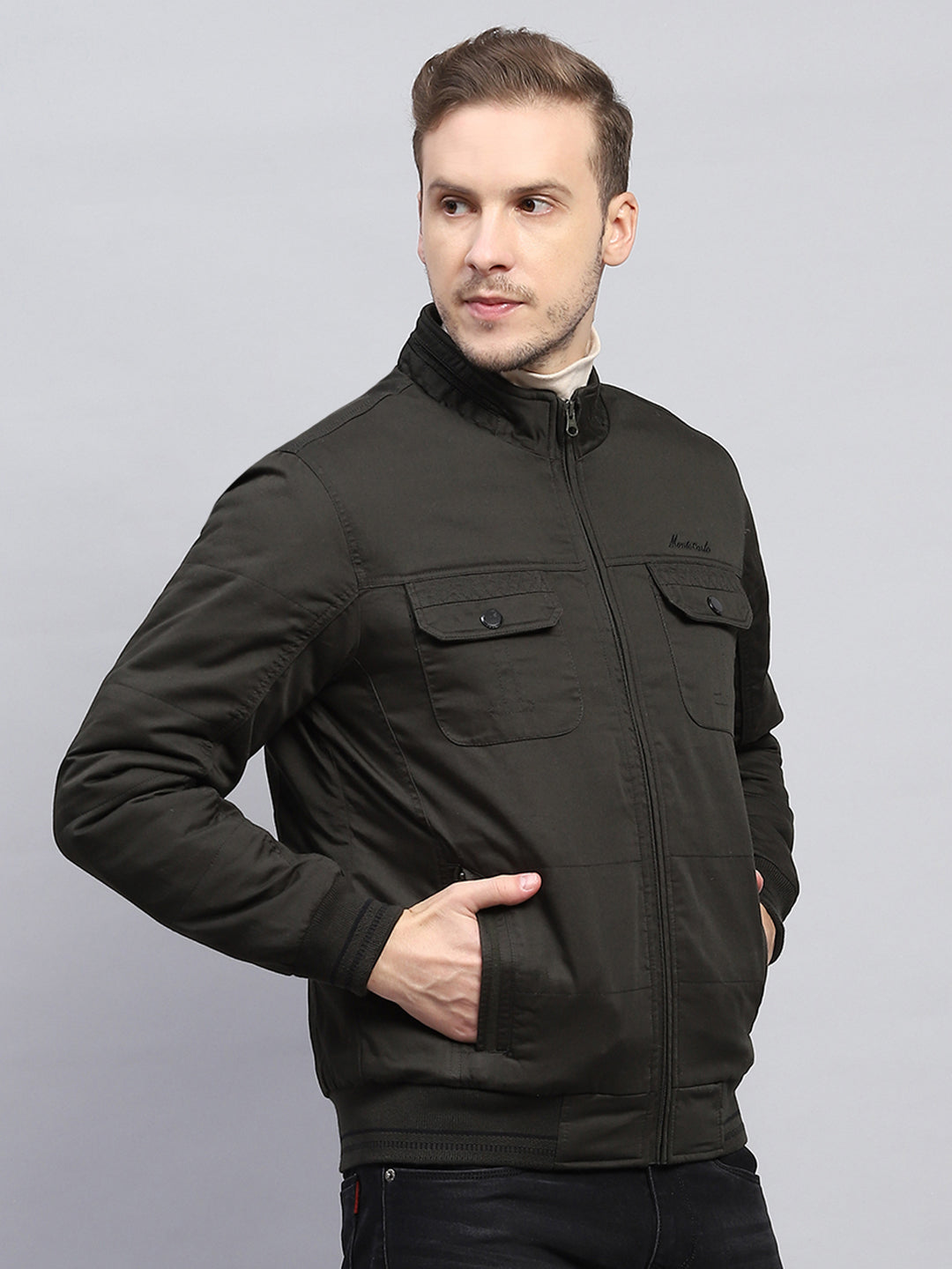 Men Olive Solid Mock Neck Full Sleeve Jacket