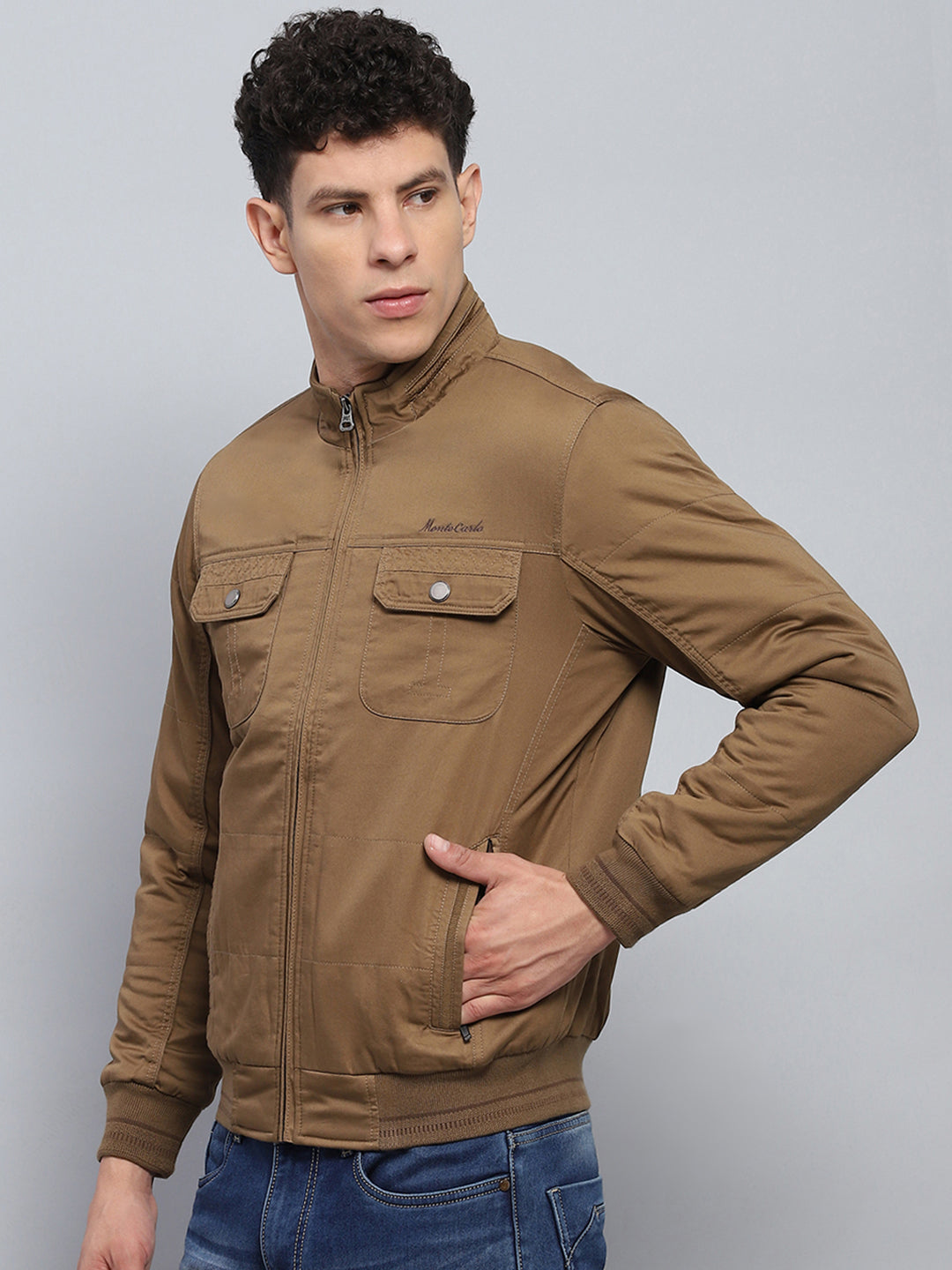 Men Brown Solid Mock Neck Full Sleeve Jacket