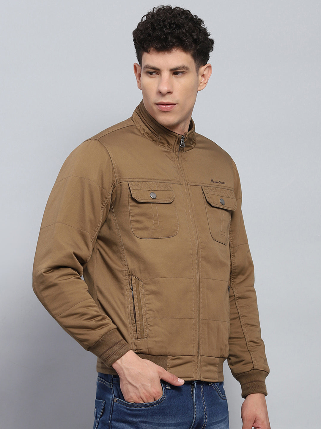 Men Brown Solid Mock Neck Full Sleeve Jacket