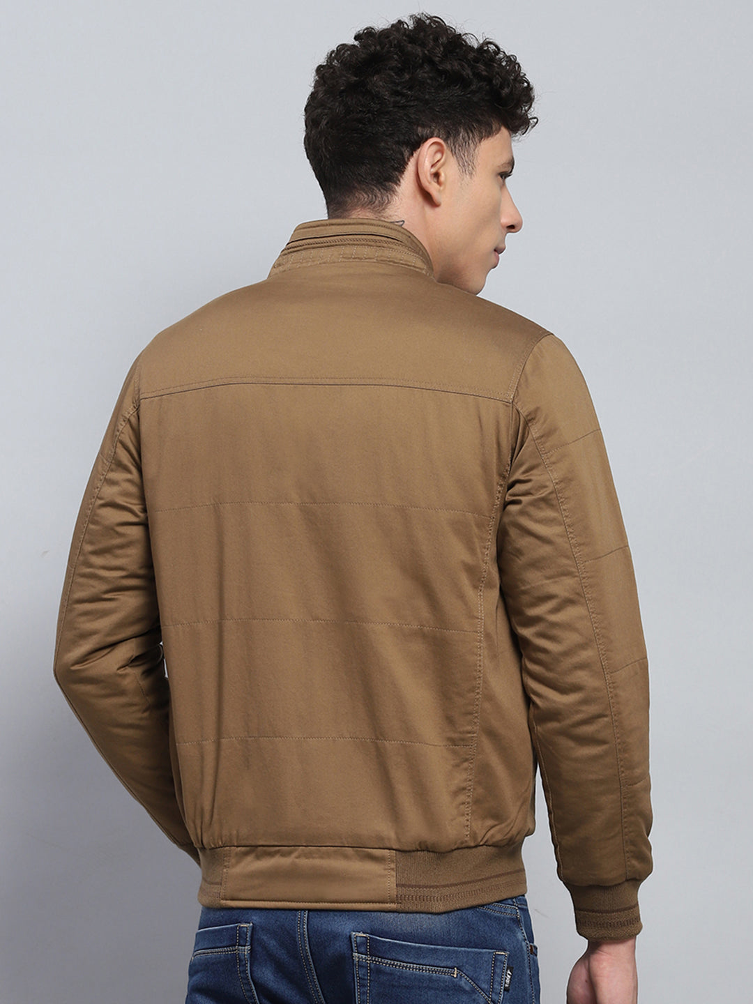 Men Brown Solid Mock Neck Full Sleeve Jacket