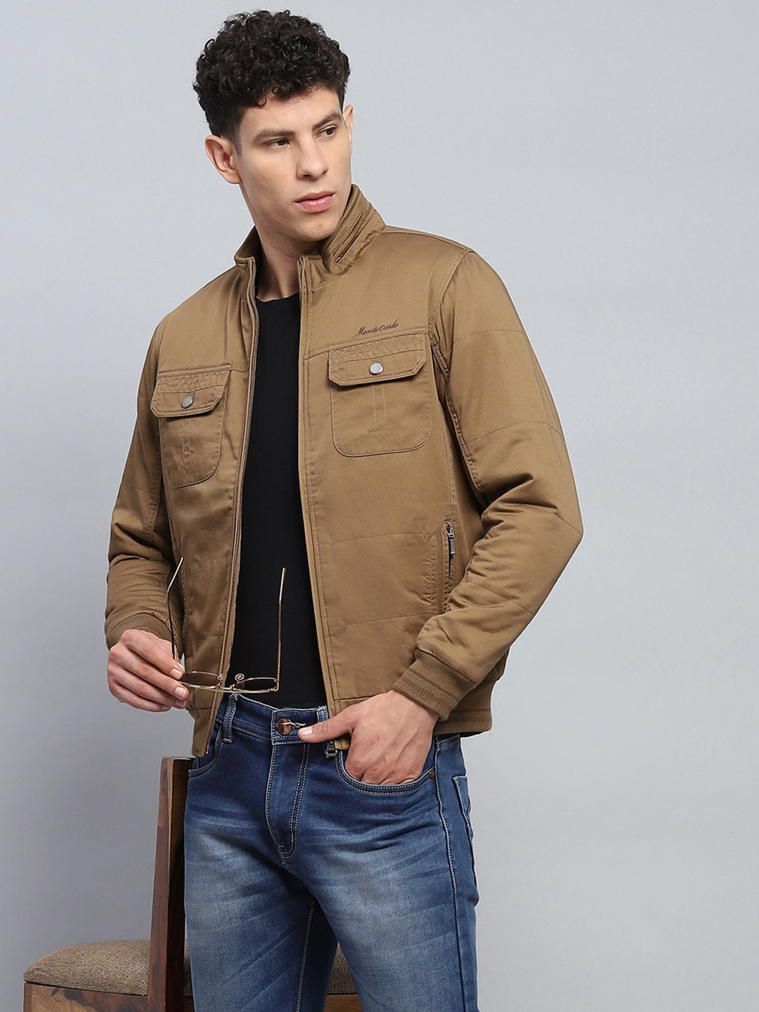 Men Brown Solid Mock Neck Full Sleeve Jacket