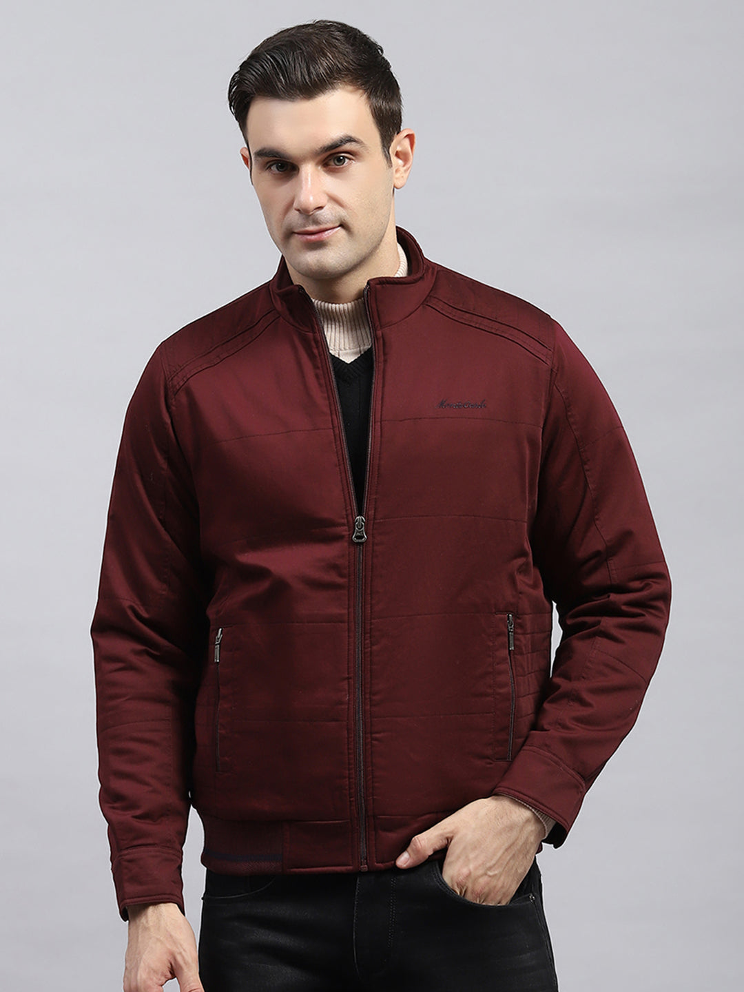 Men Maroon Solid Mock Neck Full Sleeve Jacket