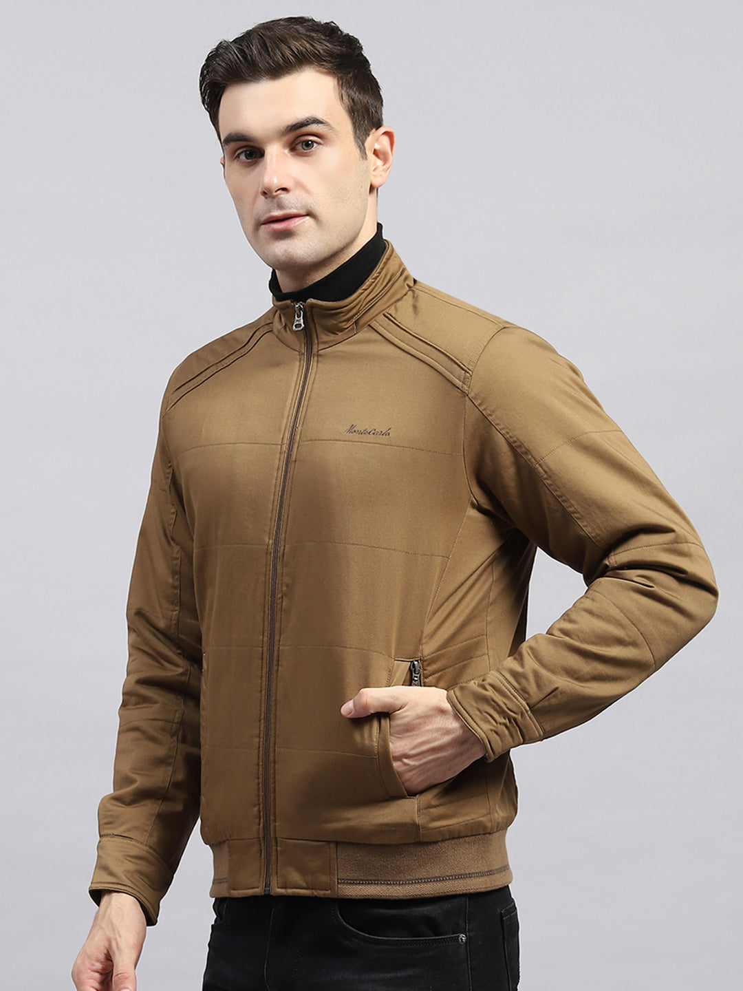 Men Brown Solid Mock Neck Full Sleeve Jacket