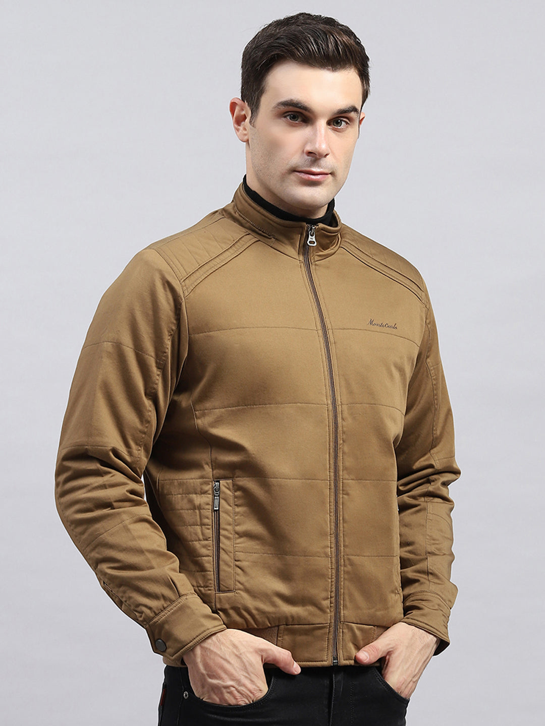 Men Brown Solid Mock Neck Full Sleeve Jacket