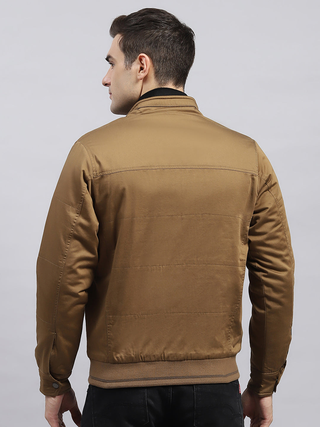 Men Brown Solid Mock Neck Full Sleeve Jacket