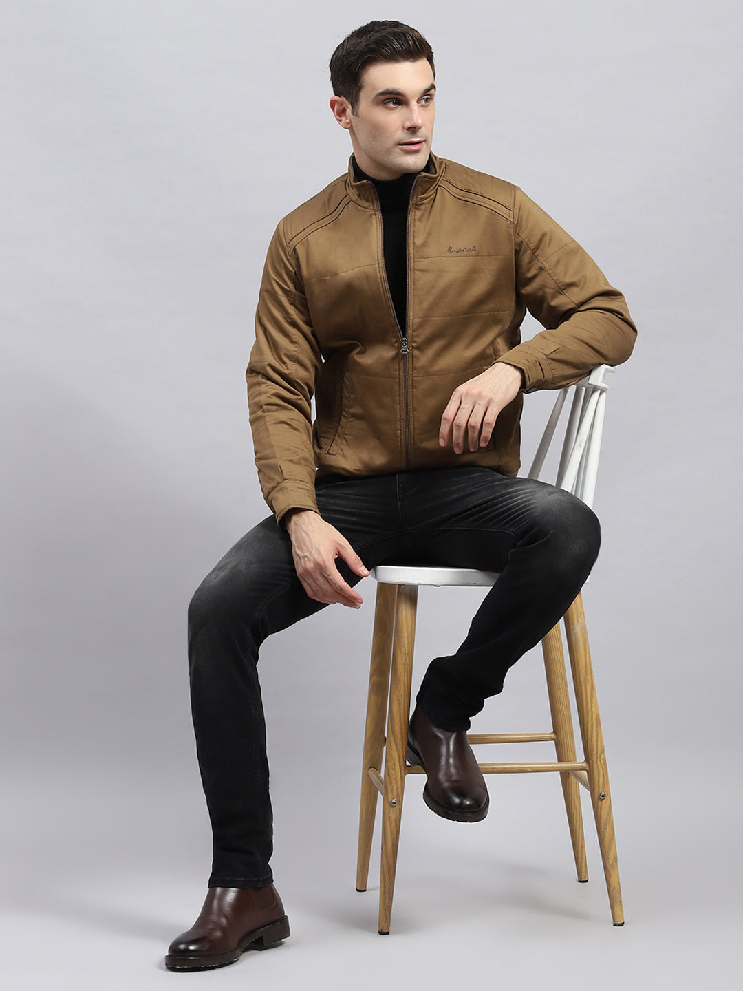 Men Brown Solid Mock Neck Full Sleeve Jacket