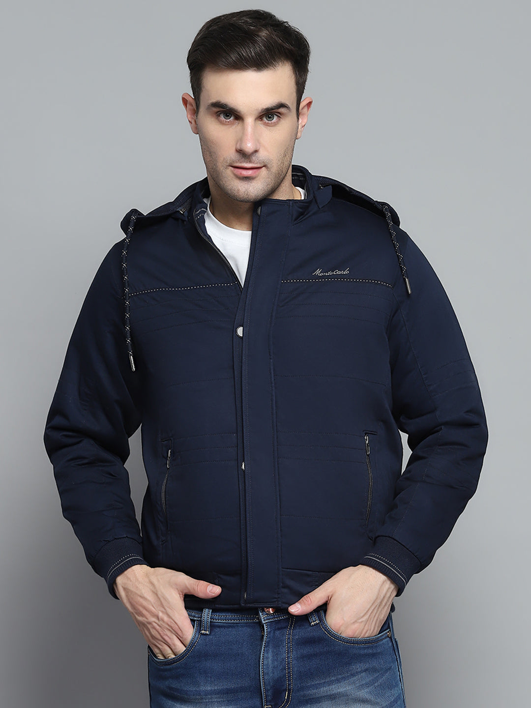 Men Navy Blue Solid Detachable Hood Full Sleeve Jacket