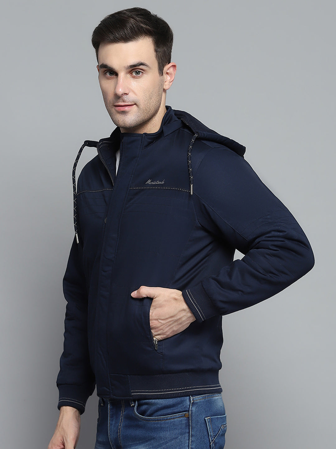 Men Navy Blue Solid Detachable Hood Full Sleeve Jacket