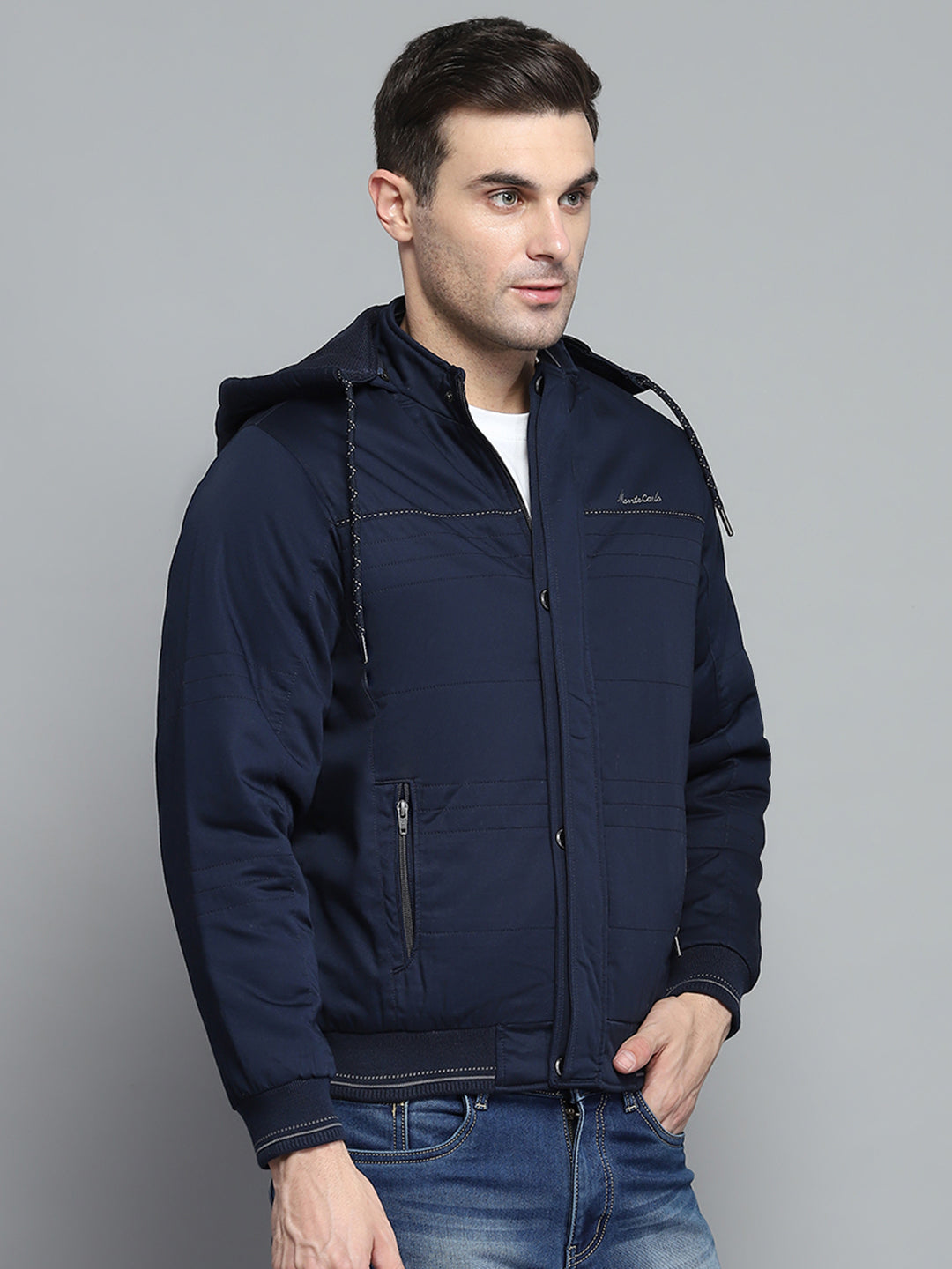 Men Navy Blue Solid Detachable Hood Full Sleeve Jacket