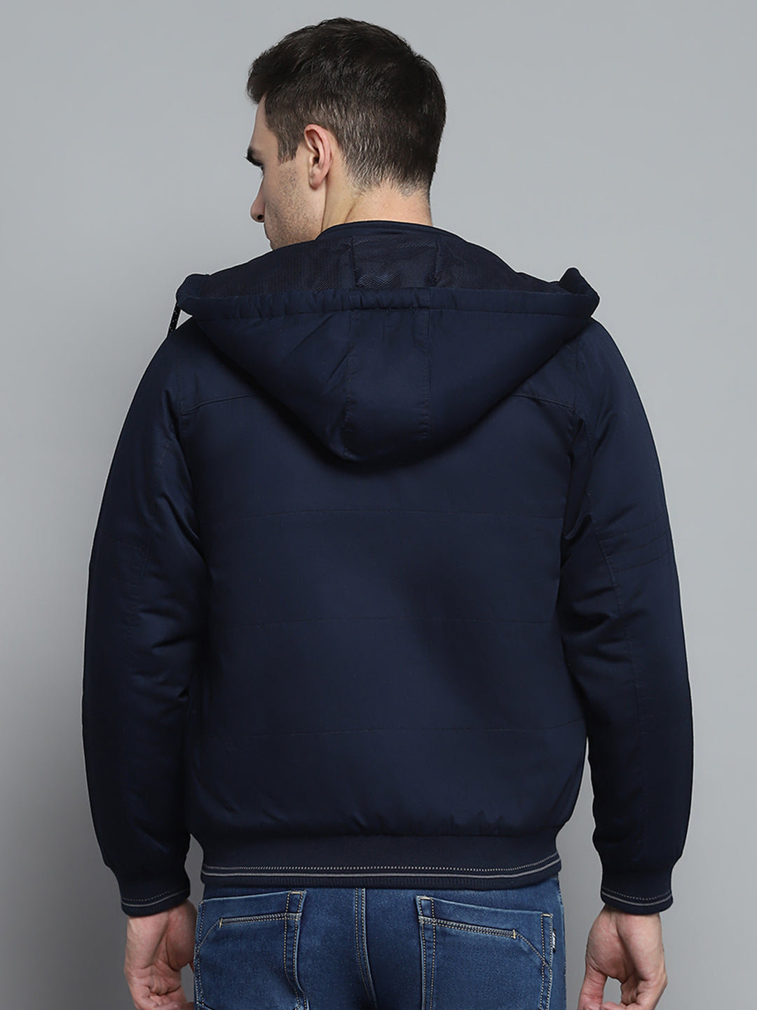 Men Navy Blue Solid Detachable Hood Full Sleeve Jacket