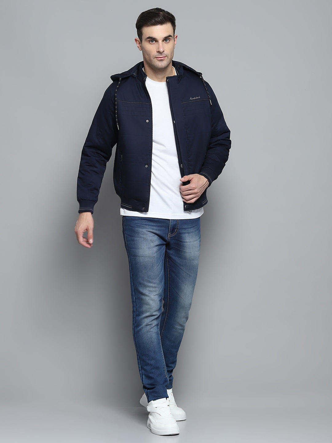 Men Navy Blue Solid Detachable Hood Full Sleeve Jacket