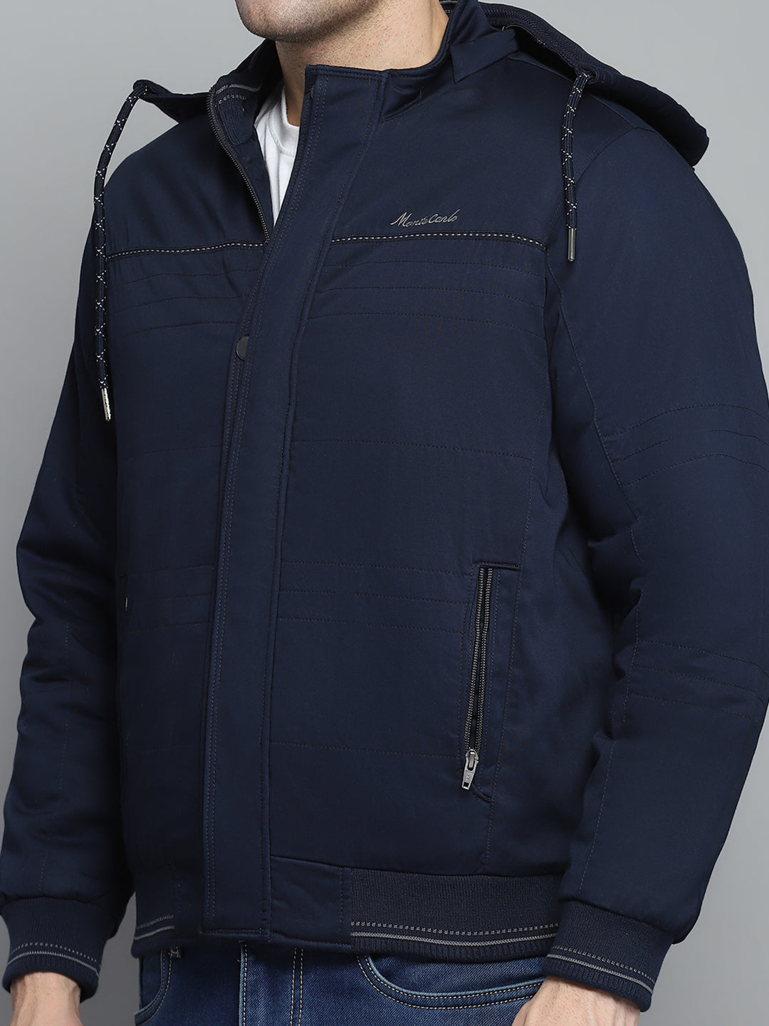 Men Navy Blue Solid Detachable Hood Full Sleeve Jacket