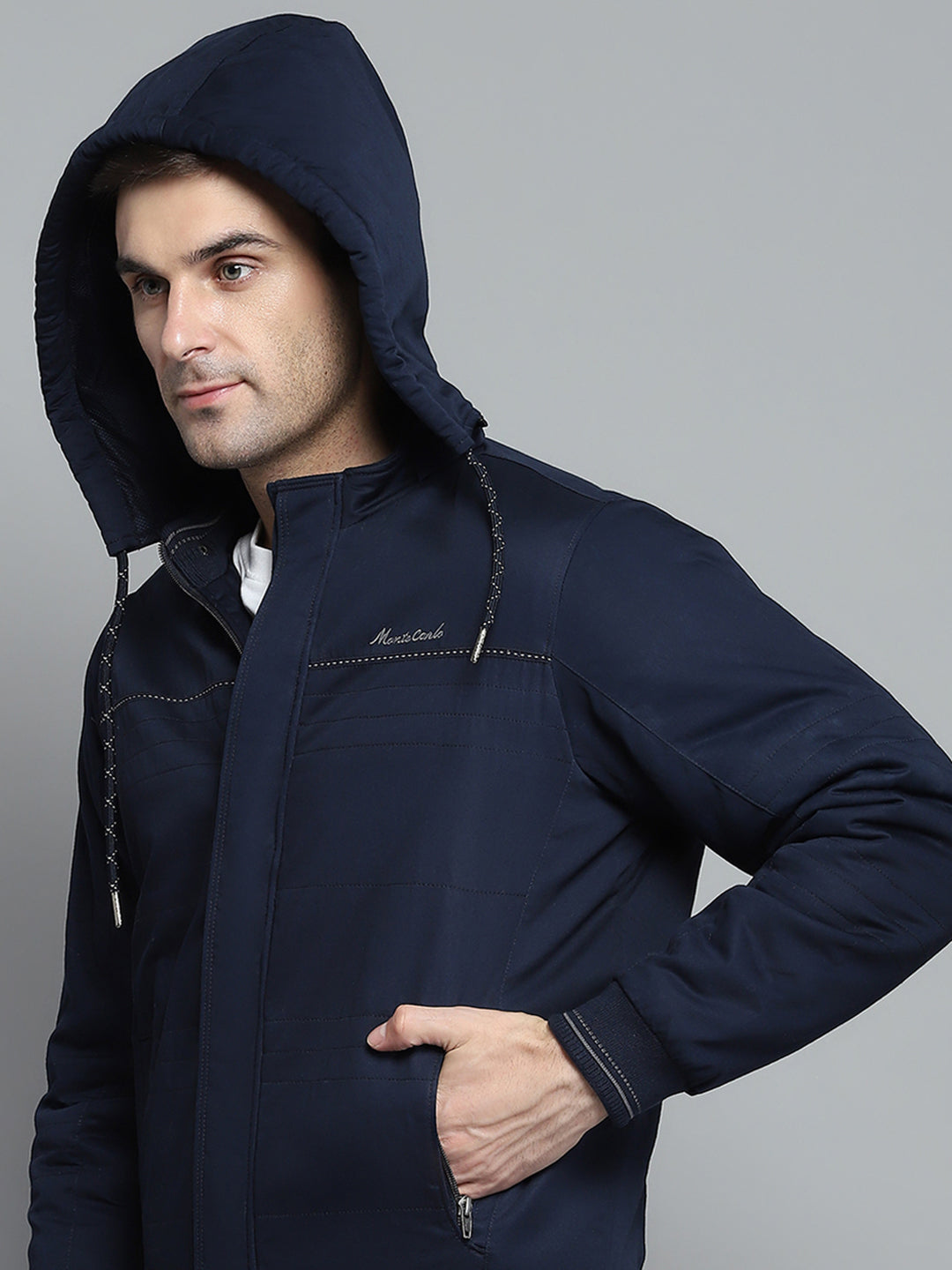 Men Navy Blue Solid Detachable Hood Full Sleeve Jacket