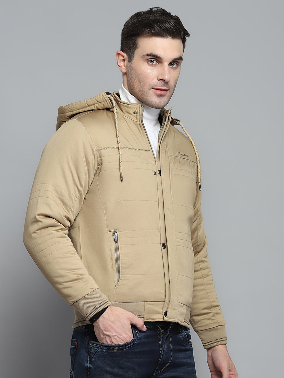 Men Brown Solid Detachable Hood Full Sleeve Jacket