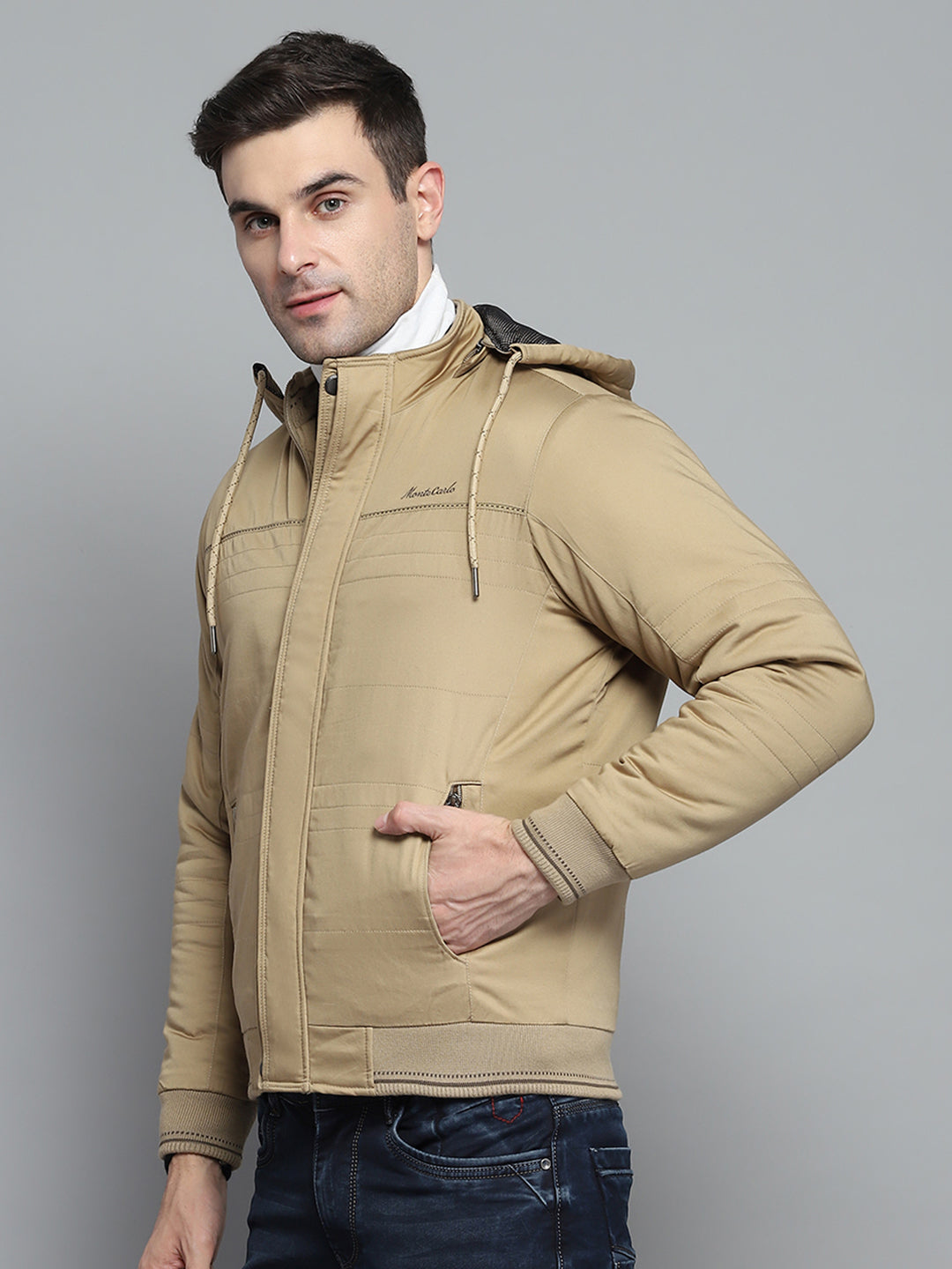 Men Brown Solid Detachable Hood Full Sleeve Jacket