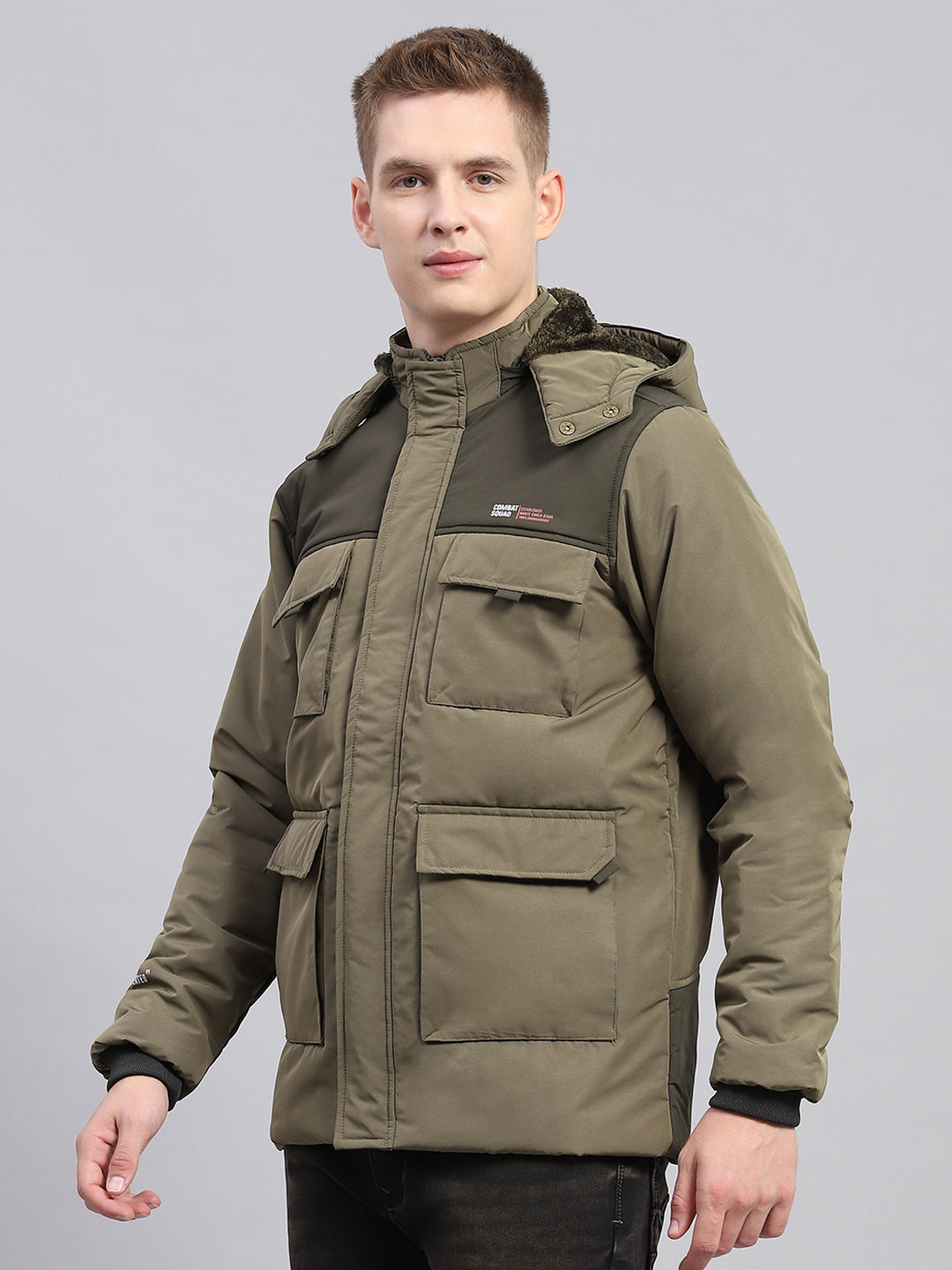 Men Olive Solid Detachable Hood Full Sleeve Jacket