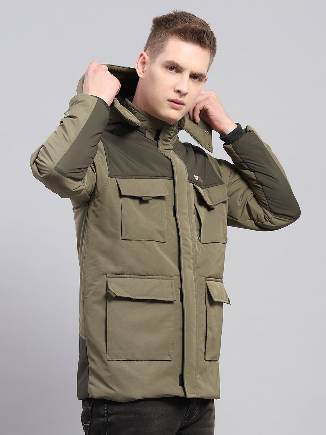 Men Olive Solid Detachable Hood Full Sleeve Jacket