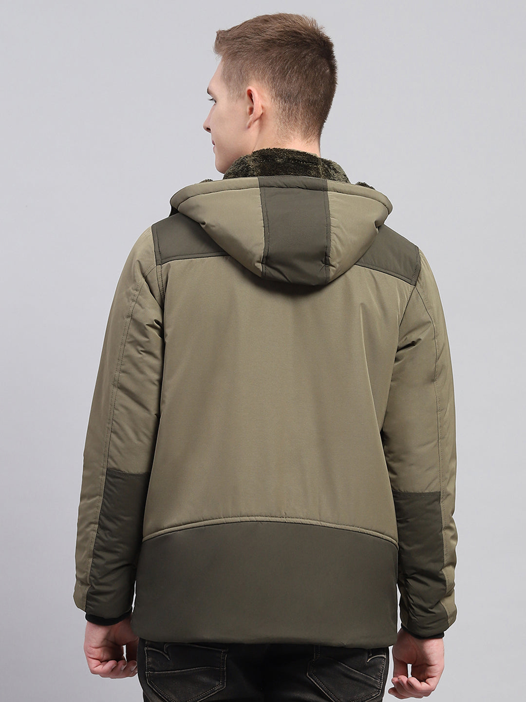 Men Olive Solid Detachable Hood Full Sleeve Jacket