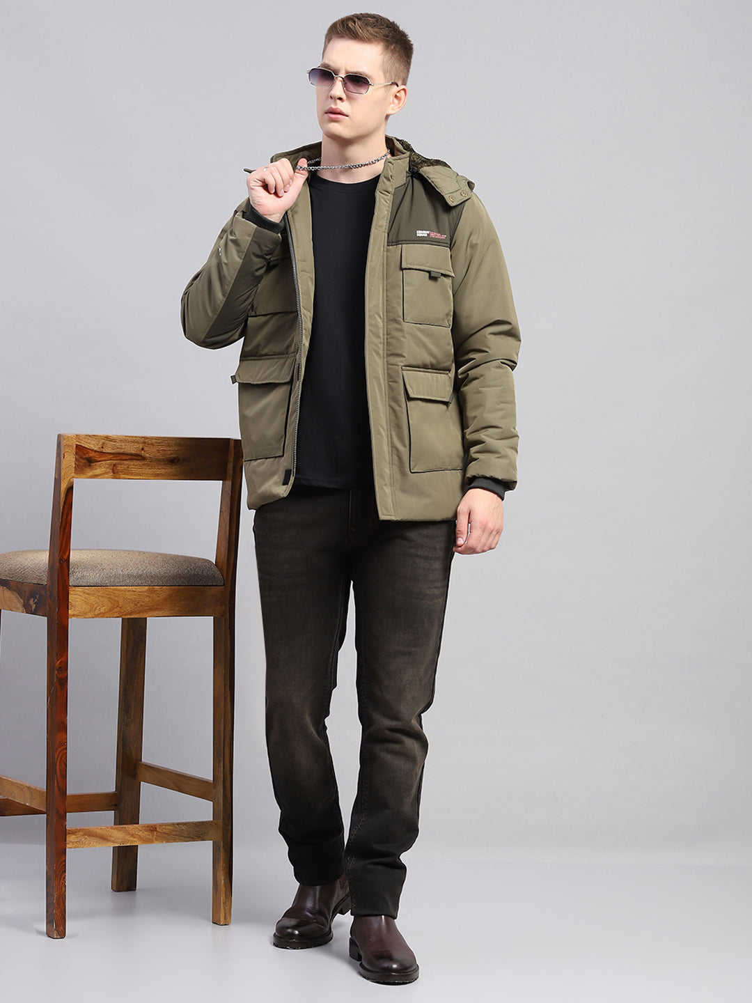 Men Olive Solid Detachable Hood Full Sleeve Jacket